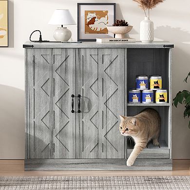 IFMALL Modern Cat Litter Box Cabinet with Power Outlet and Adjustable Storage