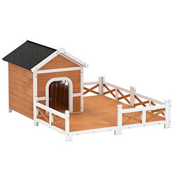 IFMALL Outdoor Wooden Dog House with Fenced Porch and Weather-Resistant Roof