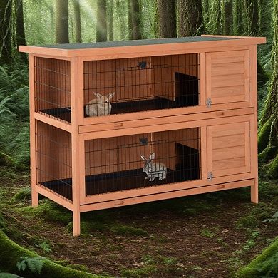IFMALL Compact Wooden Two-Level Small Animal Hutch with Easy-Clean Trays