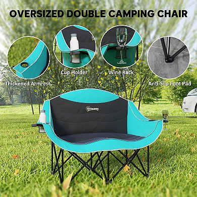 Double Camping Chair for Adults, Padded Folding Camp Chair with Armrests, Cup Holders