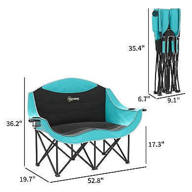Double Camping Chair for Adults, Padded Folding Camp Chair with Armrests, Cup Holders