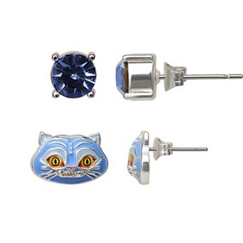 KPop Demon Hunters Silver Tone Crystal Derpy Cat Earring Set