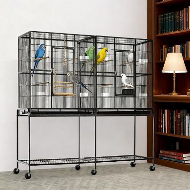 IFMALL Large Rolling Bird Cage with Storage Shelf Wood Perches Food Containers