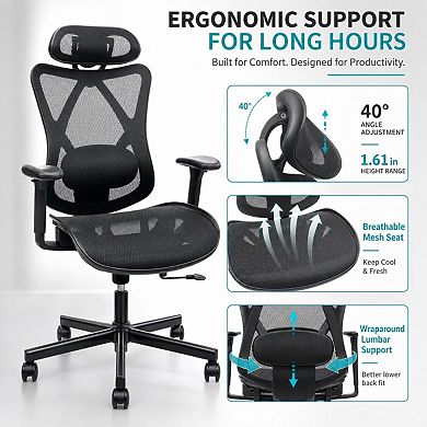 Heybly Ergonomic Mesh Office Chair with Adjustable Lumbar Support, Headrest, Armrests and Tilt Lock