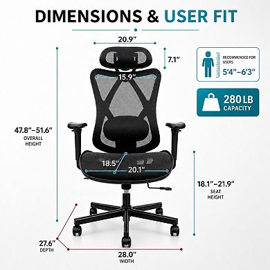 Heybly Ergonomic Mesh Office Chair with Adjustable Lumbar Support, Headrest, Armrests and Tilt Lock