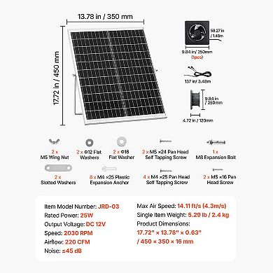 VEVOR Solar Powered Fan, 25W Solar Panel with 220 CFM Airflow, Adjustable Panel Angle
