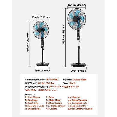 VEVOR 18-Inch Pedestal Fan, 2700 CFM Standing Floor Fan with Remote Control, 9 Speeds & 3 Modes