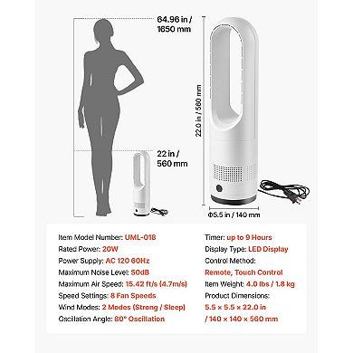 VEVOR Bladeless Tower Fan, 80° Oscillating Standing Fan, 8 Speeds & 9-Hour Timer