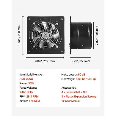 VEVOR 8 Inch Exhaust Fan, 576 CFM High Velocity Wall Mount Vent Fan with On/Off Control