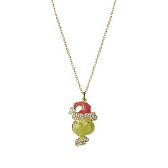 Dr. Seuss Gold Tone The Grinch Enameled Crystal Pendant Necklace