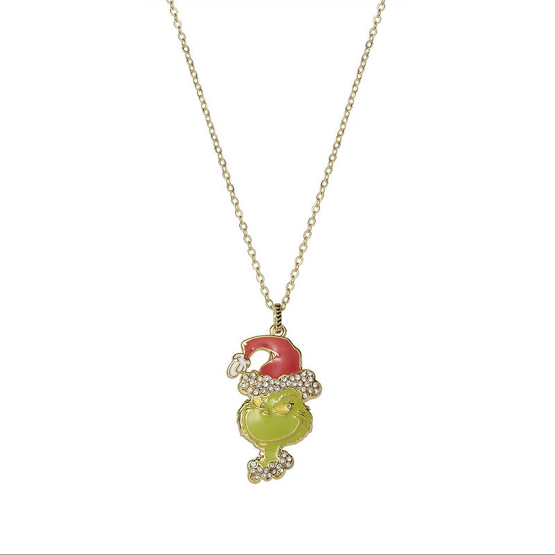 Dr. Seuss Gold Tone The Grinch Enameled Crystal Pendant Necklace