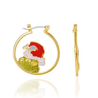 Dr. Seuss The Grinch Gold Tone Crystal Enameled Leverback Hoop Earrings