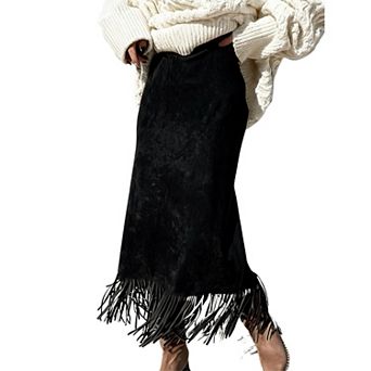 Women Suede Texture Side Slit Fringe Hem Midi Straight Skirt