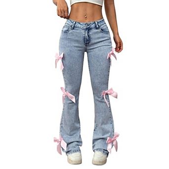 Women Jeans Stretch Skinny Denim Pants with Cute Pink Bow Decor