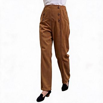 Women High Waist Double Side Button Corduroy Straight Long Pants