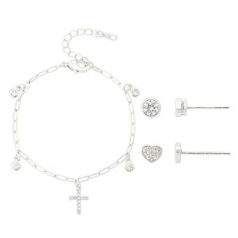 Gratitude & Grace Kids 14k Gold Flash Plated Cubic Zirconia Charm Bracelet & Earrings 3 pc Set