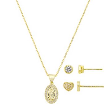 Gratitude & Grace Kids 14k Gold Flash Plated Cubic Zirconia Virgin Mary Pendant Necklace & Earrings 3 pc Set