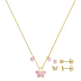 Gratitude & Grace Kids 14k Gold Flash Plated Round Crystal Butterfly Pendant Necklace & Earrings 3 pc Set