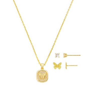 Gratitude & Grace Kids 14k Gold Flash Plated Cubic Zirconia Butterfly Pendant Necklace & Earrings 3 pc Set