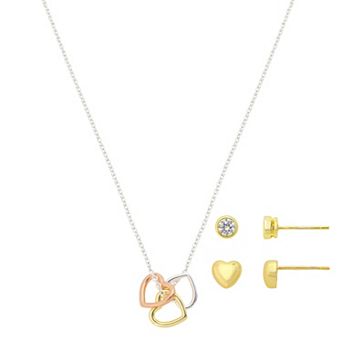 Gratitude & Grace Kids Silver Plated Trio Heart Necklace, Cubic Zirconia Bezel Earrings & Heart Stud Earrings 3 pc Set