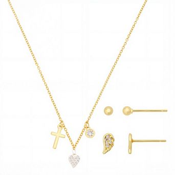 Gratitude & Grace Kids Fine Silver Plated Polished Round Cubic Zirconia Charm Necklace & Stud Post Earrings 3 pc Set