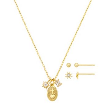 Gratitude & Grace Kids 14k Gold Flash Plated Cubic Zirconia 3 pc Cross and Heart Pendant Necklace & Earring Set