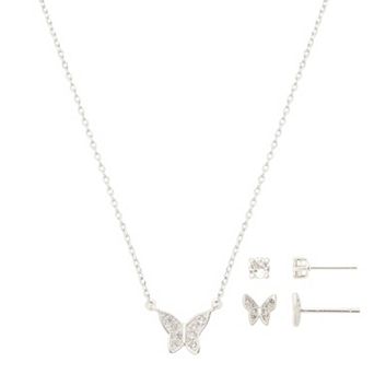 Gratitude & Grace Kids Fine Silver Plated Cubic Zirconia Butterfly Pendant Necklace & Earrings 3 pc Set