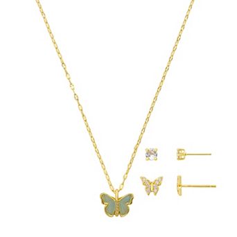 Gratitude & Grace Kids 14k Gold Flash Plated Cubic Zirconia & Amazonite Butterfly Pendant Necklace & Earrings 3 pc Set