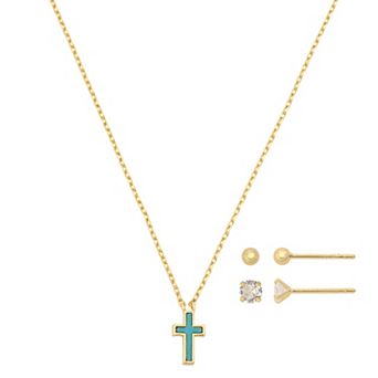Gratitude & Grace Kids 14k Gold Flash Plated 3 pc Reconstituted Turquoise Cross Pendant Necklace & Cubic Zirconia Earring Set