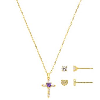 Gratitude & Grace Kids 14k Gold Plated Purple Cubic Zirconia Cross Pendant Necklace & Stud Earrings 3 pc Set