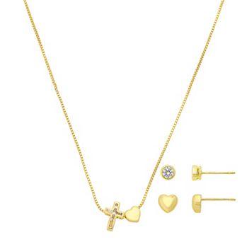 Gratitude & Grace Kids 14k Gold Flash Plated Cubic Zirconia Cross & Heart Pendant Necklace & Earrings 3 pc Set