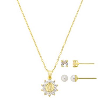 Gratitude & Grace Kids 14k Gold Flash Plated Polished Round Cubic Zirconia & Pearl Virgin Mary Pendant Necklace & Earrings 3 pc Set