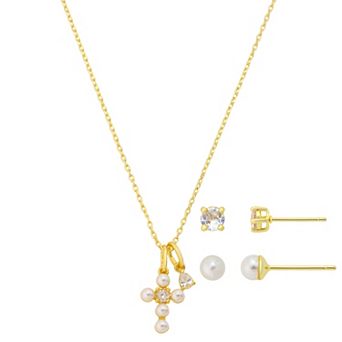 Gratitude & Grace Kids 14k Gold Flash Plated Cubic Zirconia & Pearl Cross Pendant Necklace & Earrings 3 pc Set