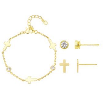 Gratitude & Grace Kids 14k Gold Flash Plated Cubic Zirconia & Cross Bracelet & Earrings 3 pc Set