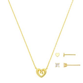 Gratitude & Grace Kids 14k Gold Flash Plated Heart and Bow Necklace & Heart Earrings 3 pc Set