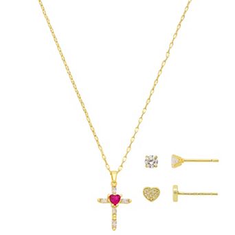 Gratitude & Grace Kids 14k Gold Flash Plated Polished Cubic Zirconia Cross Pendant Necklace, Stud & Heart Earrings 3 pc Set