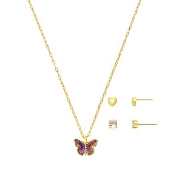 Gratitude & Grace Kids 14k Gold Flash Plated Amethyst & Cubic Zirconia Pendant Necklace & Earrings 3 pc Set