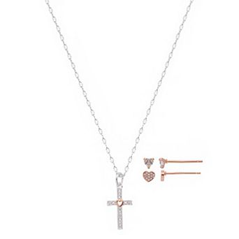 Gratitude & Grace Kids Fine Silver Plated Polished Round Cubic Zirconia Cross Pendant Necklace & Heart Post Stud Earrings 3 pc Set