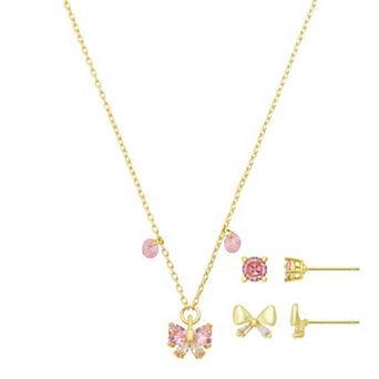 Gratitude & Grace Kids 14k Gold Flash Plated Round Cubic Zirconia Bow Pendant Necklace & Earrings 3 pc Set