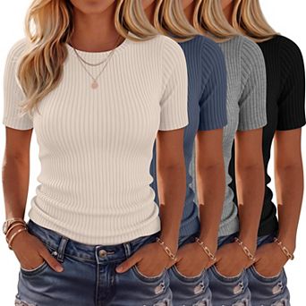 4-Pack Womens Ribbed Crew Neck Short Sleeve Fitted Basic Summer Tops