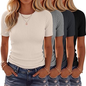 4-Pack Womens Ribbed Crew Neck Short Sleeve Fitted Basic Summer Tops