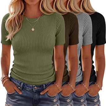 4-Pack Womens Ribbed Crew Neck Short Sleeve Fitted Basic Summer Tops