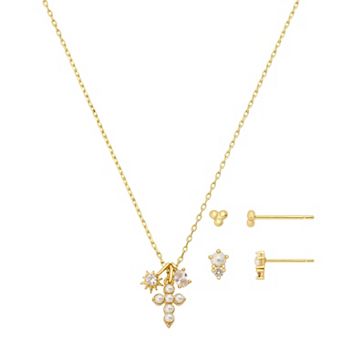 Gratitude & Grace Kids 14k Gold Flash Plated 3 pc Cubic Zirconia Glass Pearl Cross Pendant Necklace & Earring Set