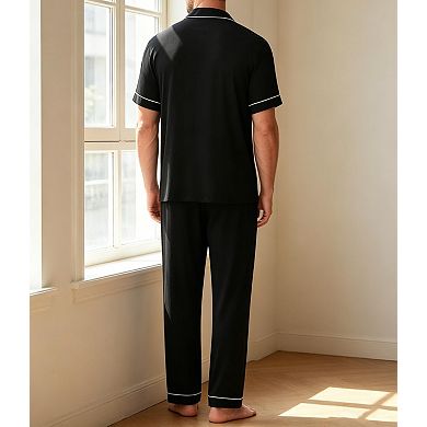 Men Short Sleeve Pajama Set Soft Modal Loungewear With Pockets