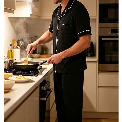 Men Short Sleeve Pajama Set Soft Modal Loungewear With Pockets