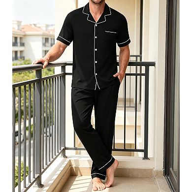 Men Short Sleeve Pajama Set Soft Modal Loungewear With Pockets