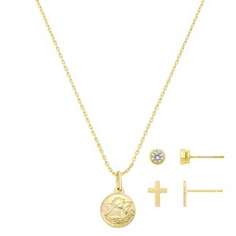 Gratitude & Grace Kids 14k Gold Flash Plated Cubic Zirconia Angel Pendant Necklace, Stud & Cross Earrings 3 pc Set