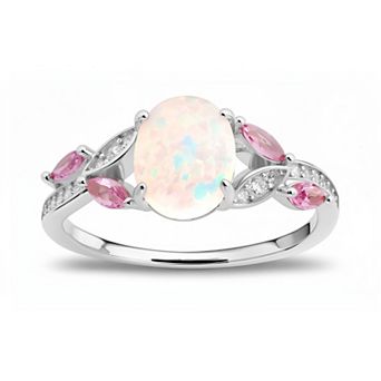Queen Jewels Sterling Silver Traditional Oval Lab-Created Opal & Cubic Zirconia Floral Ring