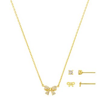 Gratitude & Grace Kids 14k Gold Flash Plated Cubic Zirconia Bow Necklace, Stud & Bow Earrings 3 pc Set