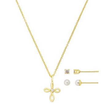 Gratitude & Grace Kids 14k Gold Flash Plated Cubic Zirconia & Pearl Cross Pendant Necklace & Earrings 3 pc Set